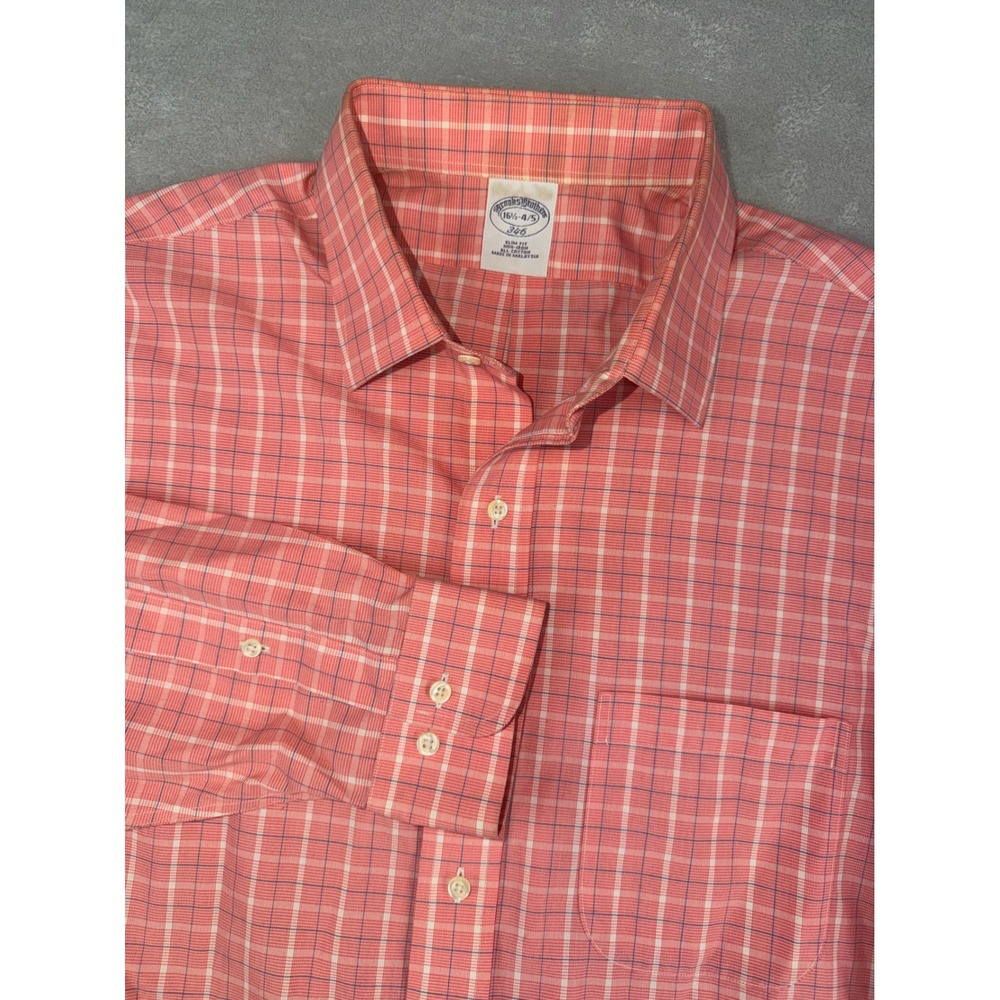 Brooksโ Brothers 346 Mens Slim Fit 16.5X34/35 Non-Iron Cotton Plaid Dress Shirt
